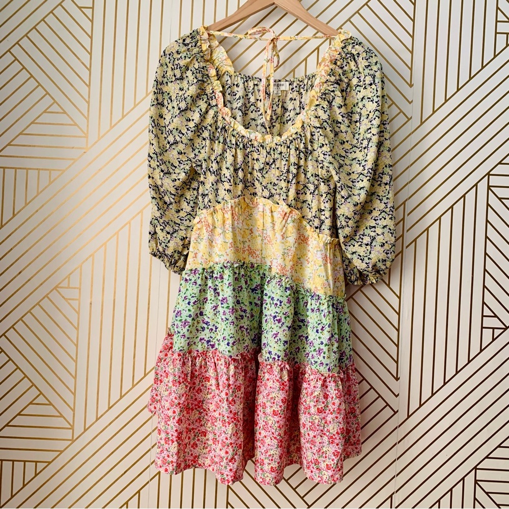 Umgee Floral puff sleeve tiered Layered Ruffle Hem scoop neck multicolor Dress S - Picture 2 of 8